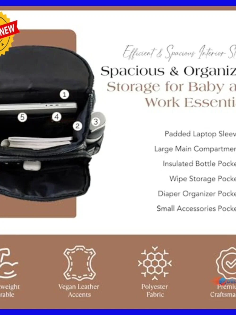 Large Diaper Backpack with Laptop Sleeve, Multiple Pockets, Changing Pad